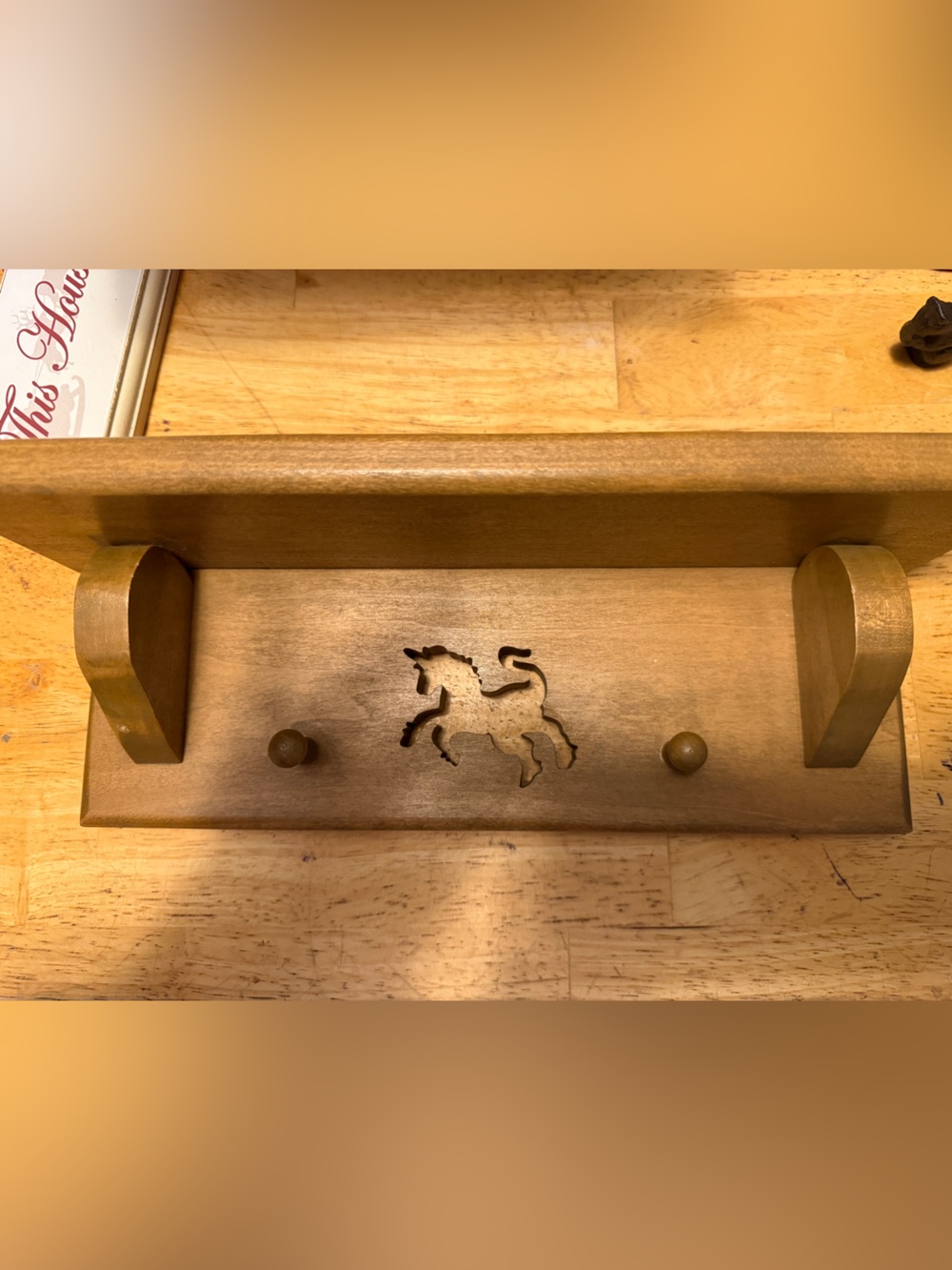 Wooden Horse Wall Shelf with Hooks - Brown